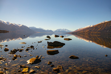 Majestic scenery of the Lakes and rivers of the South Island beneath the Southern Alps in New...