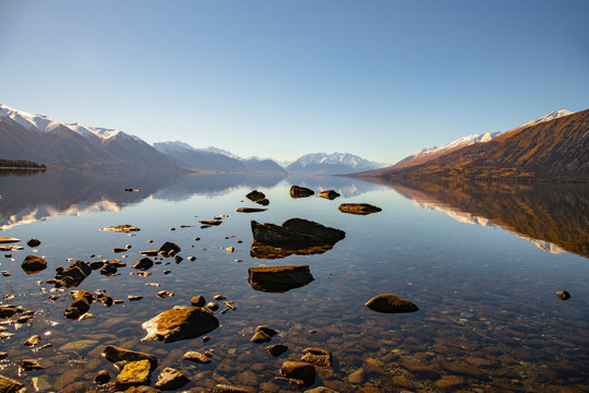 Majestic scenery of the Lakes and rivers of the South Island beneath the Southern Alps in New Zealand