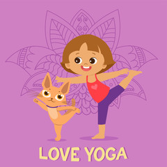 Cartoon Girl In Yoga Pose With Cute Cat. Kids Practicing Yoga. Vector Illustration. Cute Girl And Cat Practices Yoga Vector Banner. Kid Yoga Logo.