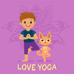 Cartoon Boy In Yoga Pose With Cute Cat. Kid Practicing Yoga Icon. Vector Illustration. Cute Boy And Cat Practices Yoga Vector Banner. Kid Yoga Logo.