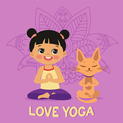 Cartoon Girl In Yoga Lotus Pose With Cute Cat. Practicing Yoga Icon. Vector Illustration. Girl And Cat Practices Yoga In The Lotus Position Vector Banner. Kid Yoga Logo.