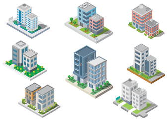 Set of Isometric Building vector.They are on Yard.The river with road and trees. building 3d , smart city, Vector office and town apartment concept.