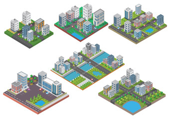 Set of Isometric Building vector.They are on Yard.The river with road and trees. building 3d , smart city, Vector office and town apartment concept.