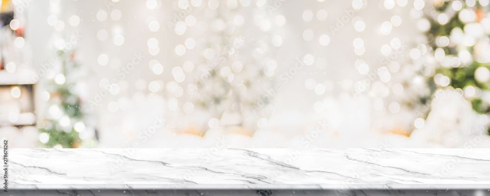 Fototapete christmas background of marble table top with abstract warm living room decor with christmas tree st