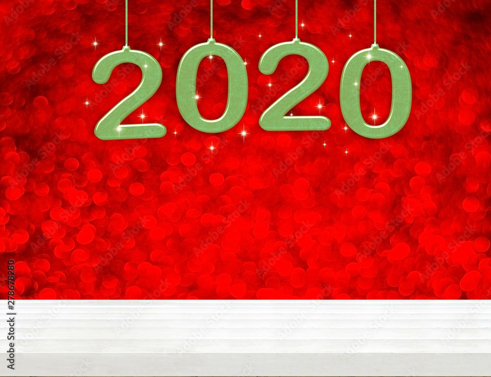 Poster 2020 happy new year green wood number (3d rendering) on white wood table with sparkling red bokeh wa