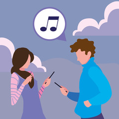 man and woman characters using smartphone