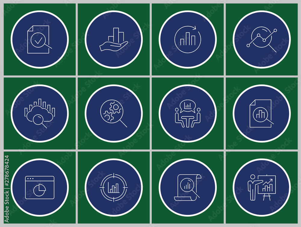 Poster data analysis icon set. vector illustration. round button.