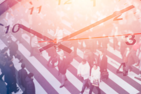 People walking on the street with hurry lifestyle in a rush hour against time clock concept. - Powered by Adobe