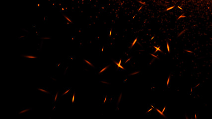 Fototapeta na wymiar Fire embers particles texture overlays . Burn effect on isolated black background. Design element.
