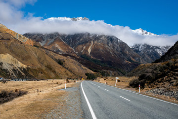 Majestic scenery of the Lakes and rivers of the South Island beneath the Southern Alps in New Zealand