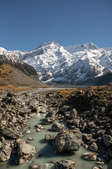 Majestic scenery of the Lakes and rivers of the South Island beneath the Southern Alps in New Zealand