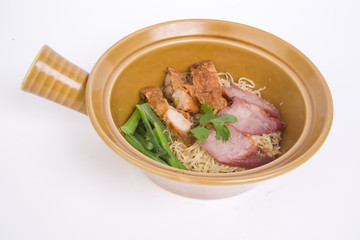 Dried egg noodles with roasted pork and fried chicken.