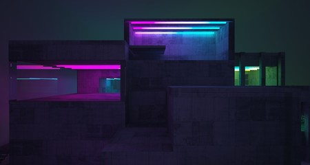 Fototapeta na wymiar Abstract architectural concrete and white interior of a minimalist house with color gradient neon lighting. 3D illustration and rendering.
