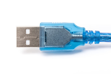 close up of usb plug and blue cable on white background