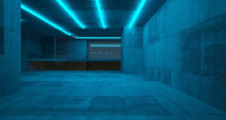 Abstract architectural concrete and white interior of a minimalist house with color gradient neon lighting. 3D illustration and rendering.