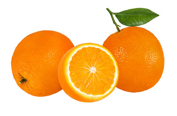Juicy orange with leaves isolated on white background with clipping path