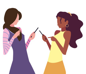 two women using smartphone talking