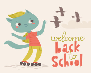 Welcome back to school poster with cartoon animals. Cat skating to school