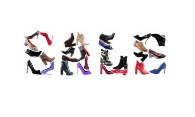 Shoes banner sale. Collage of different shoes