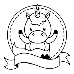 cute little unicorn in frame with ribbon