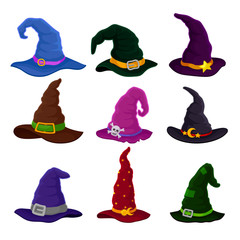 Set of hats wizards in different colors. Vector illustration on white background.