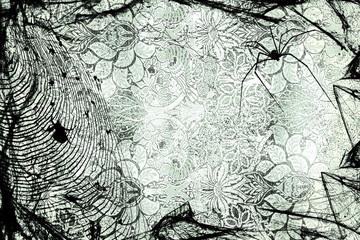 Obraz premium Spiderweb with spiders on gray floral background. Halloween party monochrome illustration
