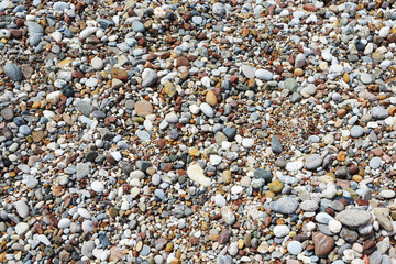 Multi-colored large sea pebbles of various shapes on the sandy shore of the Mediterranean sea for background