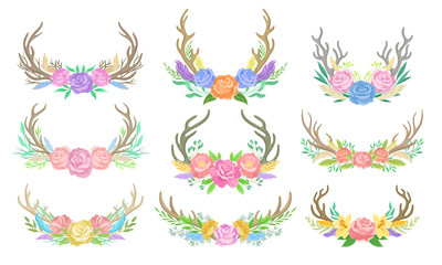 Set of compositions of flowers and branches. Vector illustration on white background.