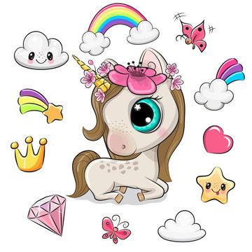 Cartoon unicorn girl and set of cute design elements