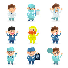 Obraz na płótnie Canvas Funny Doctors Characters Set, Hospital Medical Staff, Male Doctors with Various Emotions Vector Illustration