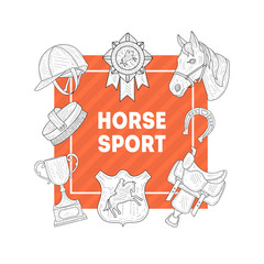 Horse Sport Banner Template with Horseback Equipment, Horse School, Riding Lessons, Horse Breeding, Equestrian Club, Monochrome Hand Drawn