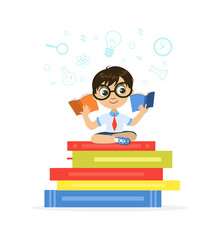 Cute Little Boy Sitting and Reading on Giant Stack of Books Vector Illustration