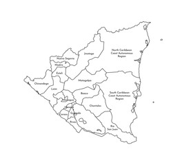 Vector isolated illustration of simplified administrative map of Nicaragua. Borders and names of the departments (regions). Black line silhouettes