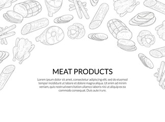 Meat Products Banner Template with Place for Text and Hand Drawn Sausages, Bacon, Sliced Salami, Meatloaf Pattern Vector Illustration