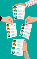Ballot paper with candidates. Hand with election bill. Vote document with faces. Vector illustration in flat style