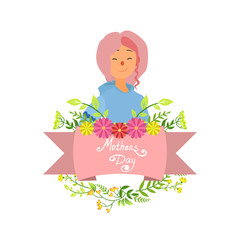 Mothers Day Card Template with Happy Beautiful Mother and Flowers Vector Illustration