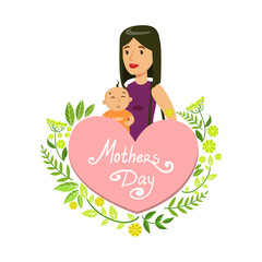 Mothers Day Card Template, Beautiful Mother with Her Baby, Floral Frame and Place for Text Vector Illustration