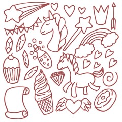 Fototapeta na wymiar Set of unicorn doodle, drawing, sketch, cartoon