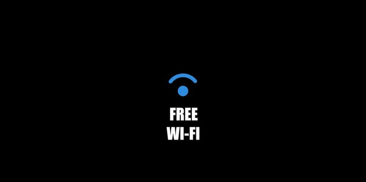 Wi-fi free white inscription and blue curves icon with animation on black background. Wifi free zone. Wireless network logo or Wi-Fi symbol.