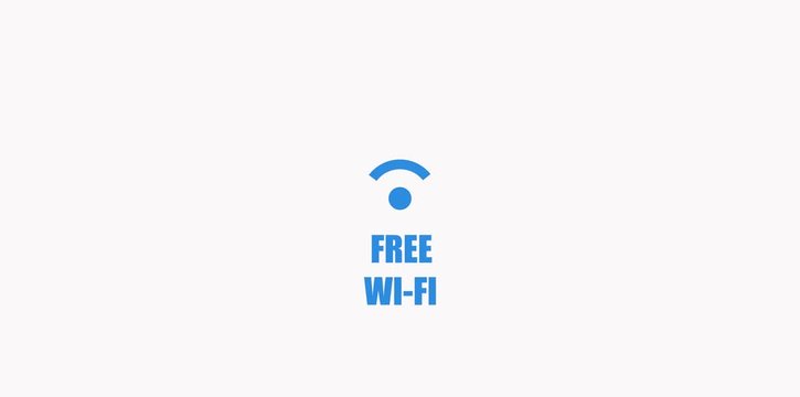 Wi-fi free blue inscription and wave icon with animation on black background. Wifi free zone. Wireless network logo or Wi-Fi symbol.