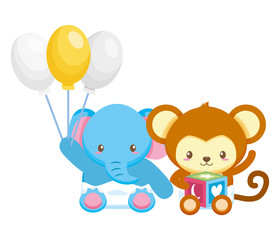 cute little elephant and monkey with balloons helium