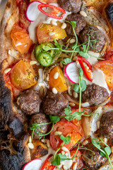 Pizza with meatballs and assorted grilled vegetables