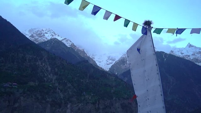 BODH RELIGION FLAGS FLYING FLYING SLOW MOTION AT HIMALAYA