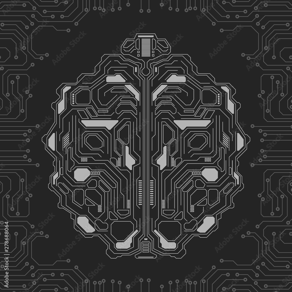 Aufkleber Brain Futuristic Element Circuit Board With Encoder And Decoder Binary Code Vector Background. Virtual Grayscale Abstract AI Brainstorm  Digital Data Security Technology Illustration.