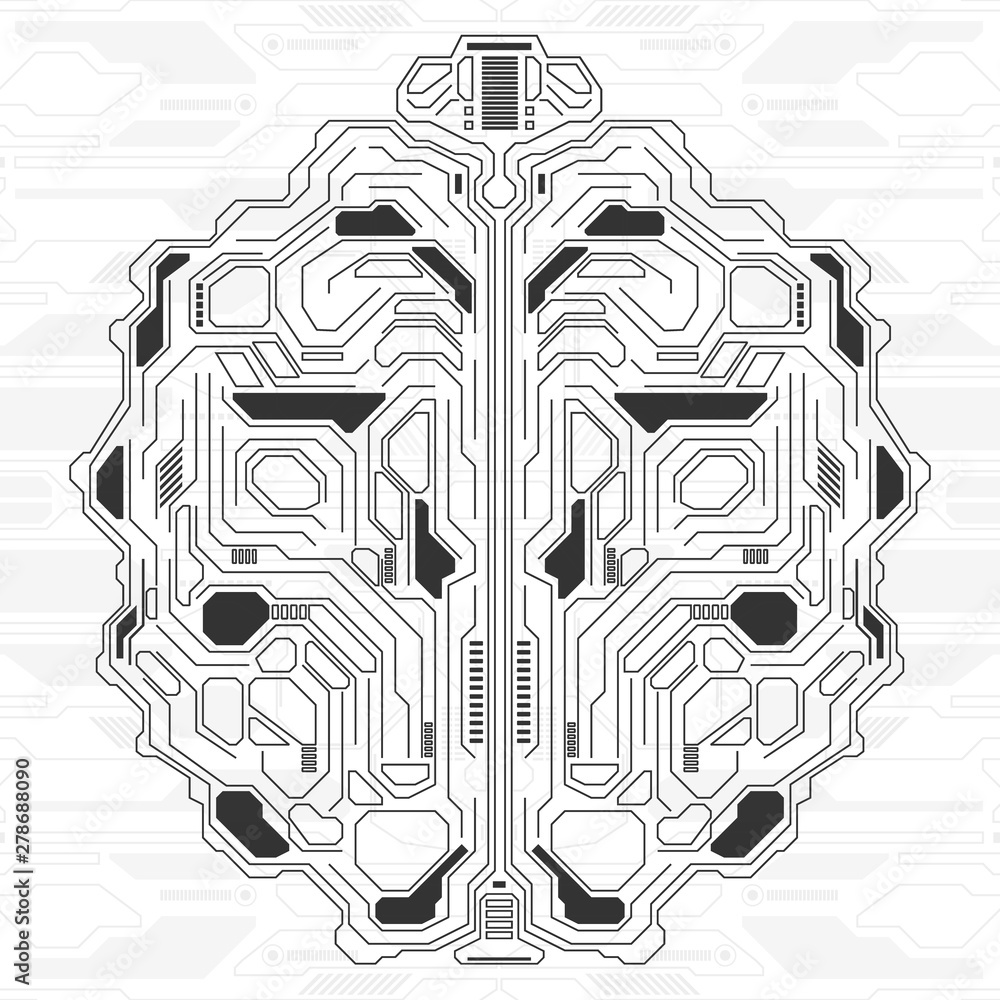 Aufkleber Brain Futuristic HUD Algorithm Platform Virtual Graphic Vector Design. AI UI Brainstorm Grayscale Element Digital Data Security Technology Illustration.