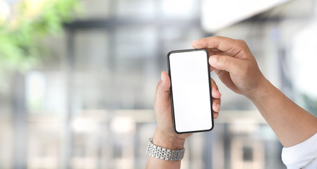 Man with blank screen smartphone