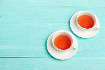 Tea ceremony. Tea cups with hot tea close up