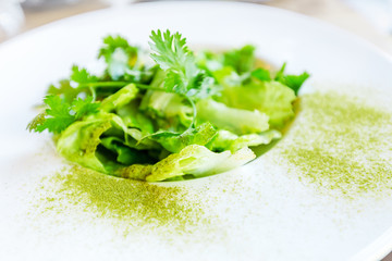 Fresh green vegetarian and vegan salad in a white bowl, dish by Chef