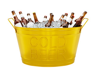 Cold beer bottles in ice of bucket