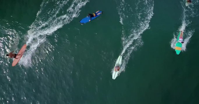Cinematic aerial drone footage of sporty young surfer couple with long surf board paddle in ocean to surfing lineup. Modern active lifestyle. Water sport adventure camp. Extreme on summer vacation.